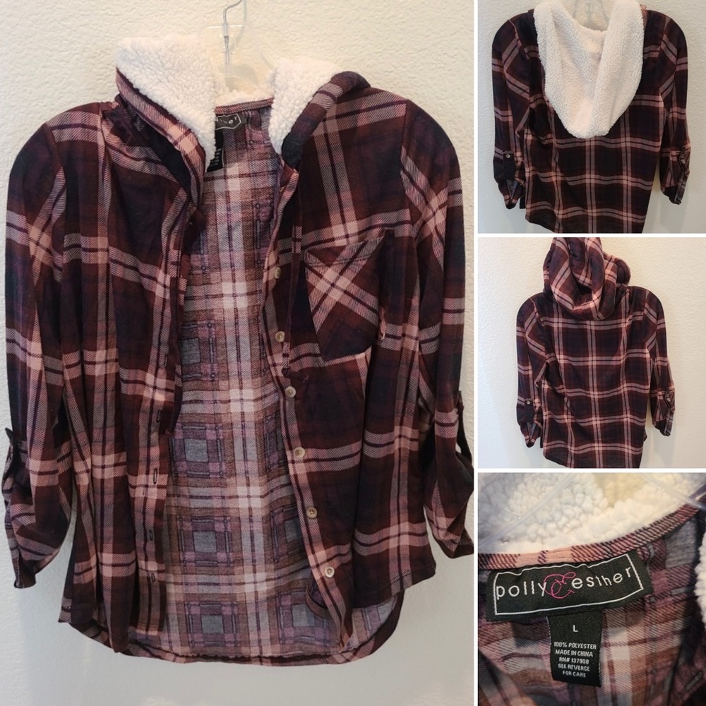 Polly & Esther Juniors Purple Plaid Faux Fur Hoodie Button Front Sz L 3/4 Sleeve